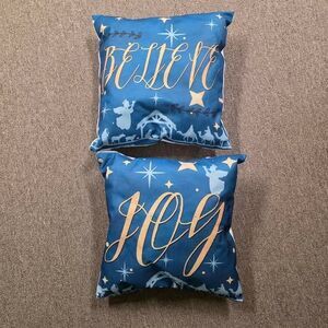 ​Set of 2 Christmas Pillows- "JOY" & "BELIEVE" - Navy Blue & Gold Nativity Decor